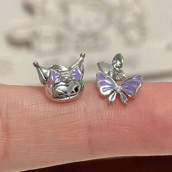 Kuromi Stud Earrings Silver Kuromi & Bow with Purple Enamel & Rhinestone on Bow - Picture 2 of 6